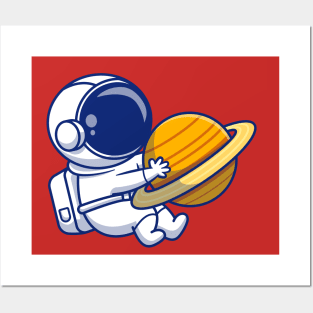 Cute Astronaut Hugging Planet Cartoon Vector Icon Illustration Posters and Art